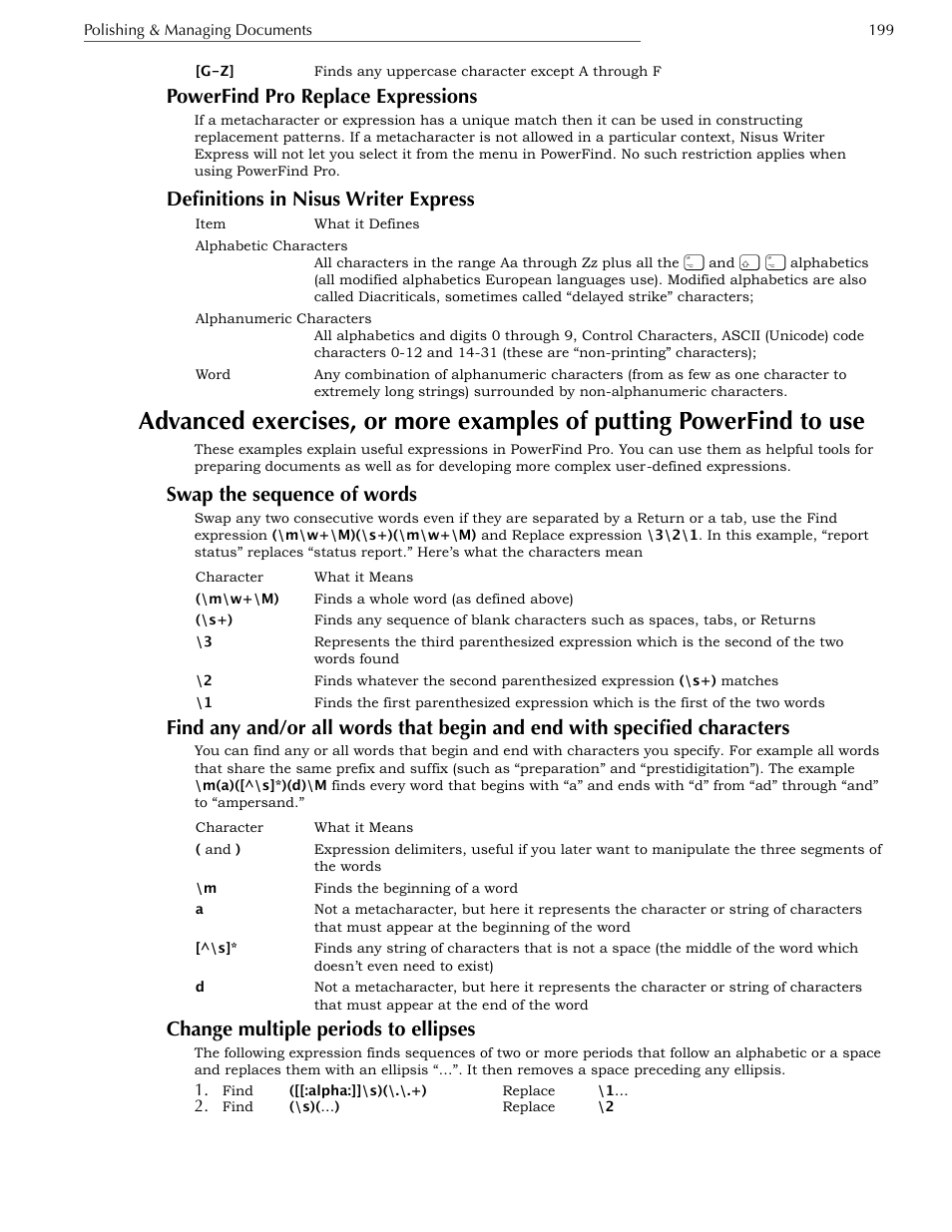 Powerfind pro replace expressions, Definitions in nisus writer express, Swap the sequence of words | Change multiple periods to ellipses | Nisus Writer Express User Manual | Page 219 / 316