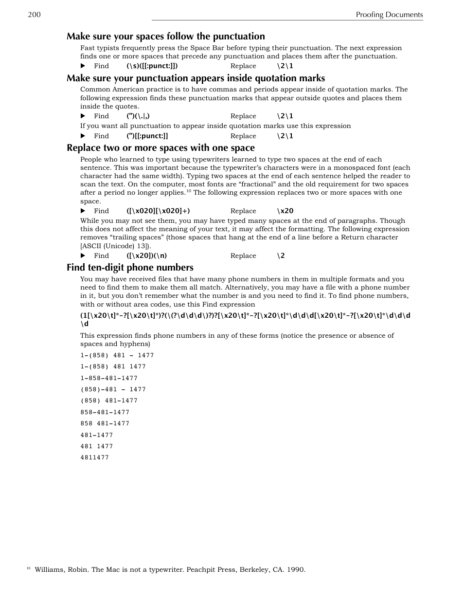 Make sure your spaces follow the punctuation, Replace two or more spaces with one space, Find ten-digit phone numbers | Displaying & printing documents | Nisus Writer Express User Manual | Page 220 / 316