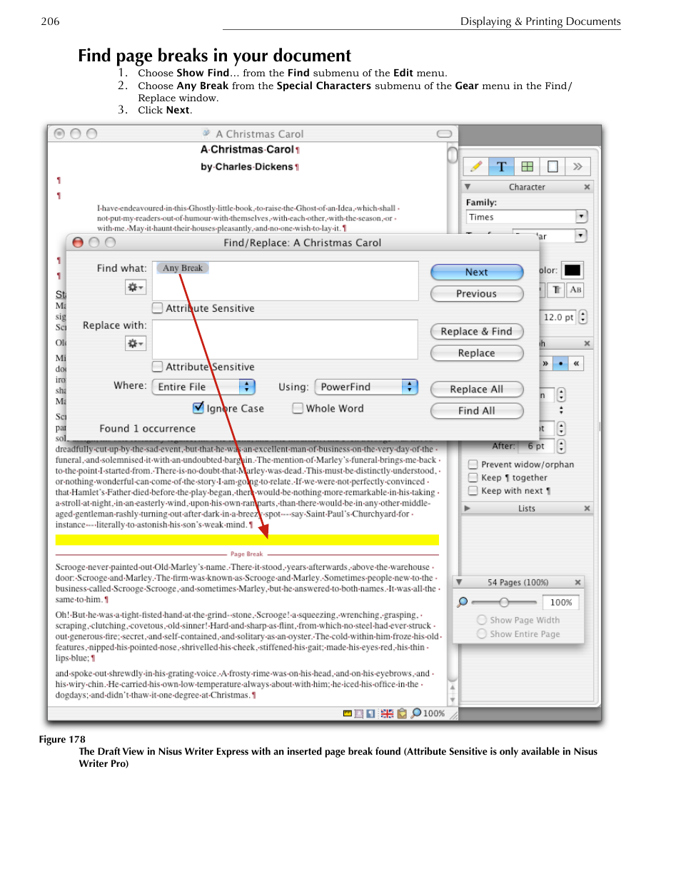 Find page breaks in your document | Nisus Writer Express User Manual | Page 226 / 316