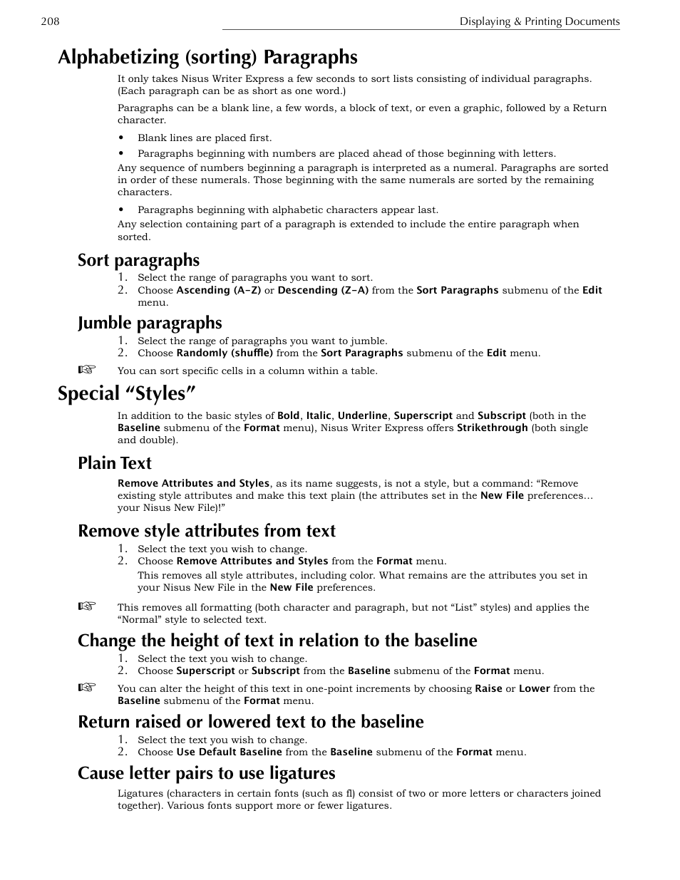 Special “styles, Plain text, Remove style attributes from text | Return raised or lowered text to the baseline, Cause letter pairs to use ligatures, Alphabetizing (sorting) paragraphs, Sort paragraphs, Jumble paragraphs | Nisus Writer Express User Manual | Page 228 / 316
