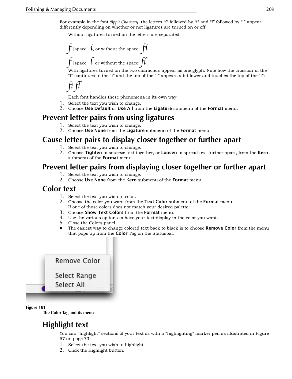 Prevent letter pairs from using ligatures, Color text, Highlight text | Fi f | Nisus Writer Express User Manual | Page 229 / 316