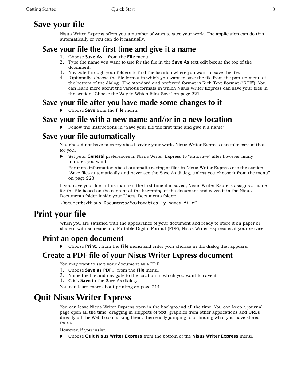 Save your file automatically, Print your file, Print an open document | Quit nisus writer express, Save your file, Save your file the first time and give it a name | Nisus Writer Express User Manual | Page 23 / 316
