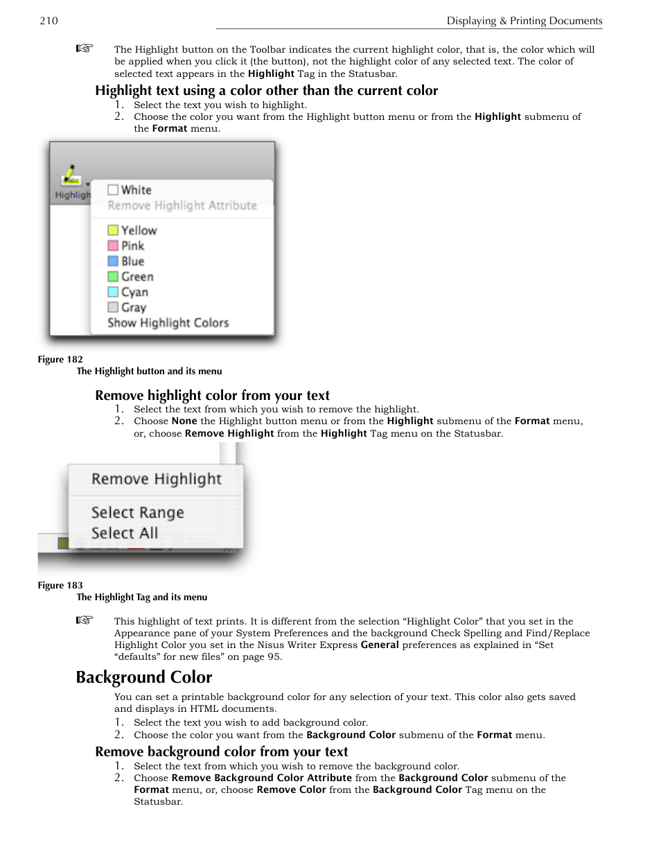 Remove highlight color from your text, Background color, Remove background color from your text | How highlight color and background color differ | Nisus Writer Express User Manual | Page 230 / 316