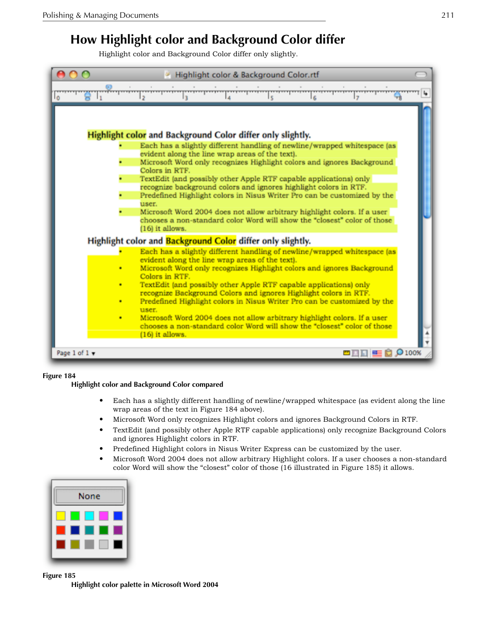 How highlight color and background color differ | Nisus Writer Express User Manual | Page 231 / 316