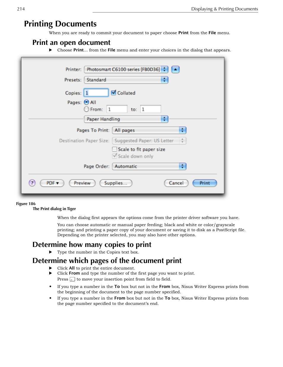 Determine how many copies to print, Printing documents, Print an open document | Determine which pages of the document print | Nisus Writer Express User Manual | Page 234 / 316