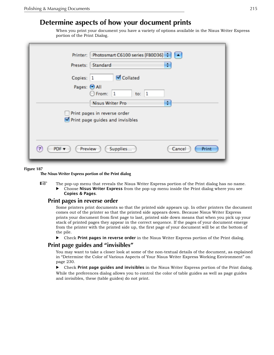 Determine aspects of how your document prints, Print pages in reverse order, Print page guides and “invisibles | Nisus Writer Express User Manual | Page 235 / 316
