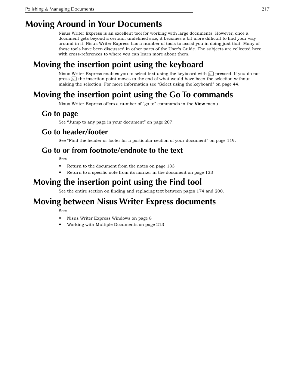 Moving around in your documents, Moving the insertion point using the keyboard, Go to header/footer | Go to or from footnote/endnote to the text, Moving the insertion point using the find tool, Moving between nisus writer express documents, Go to page | Nisus Writer Express User Manual | Page 237 / 316