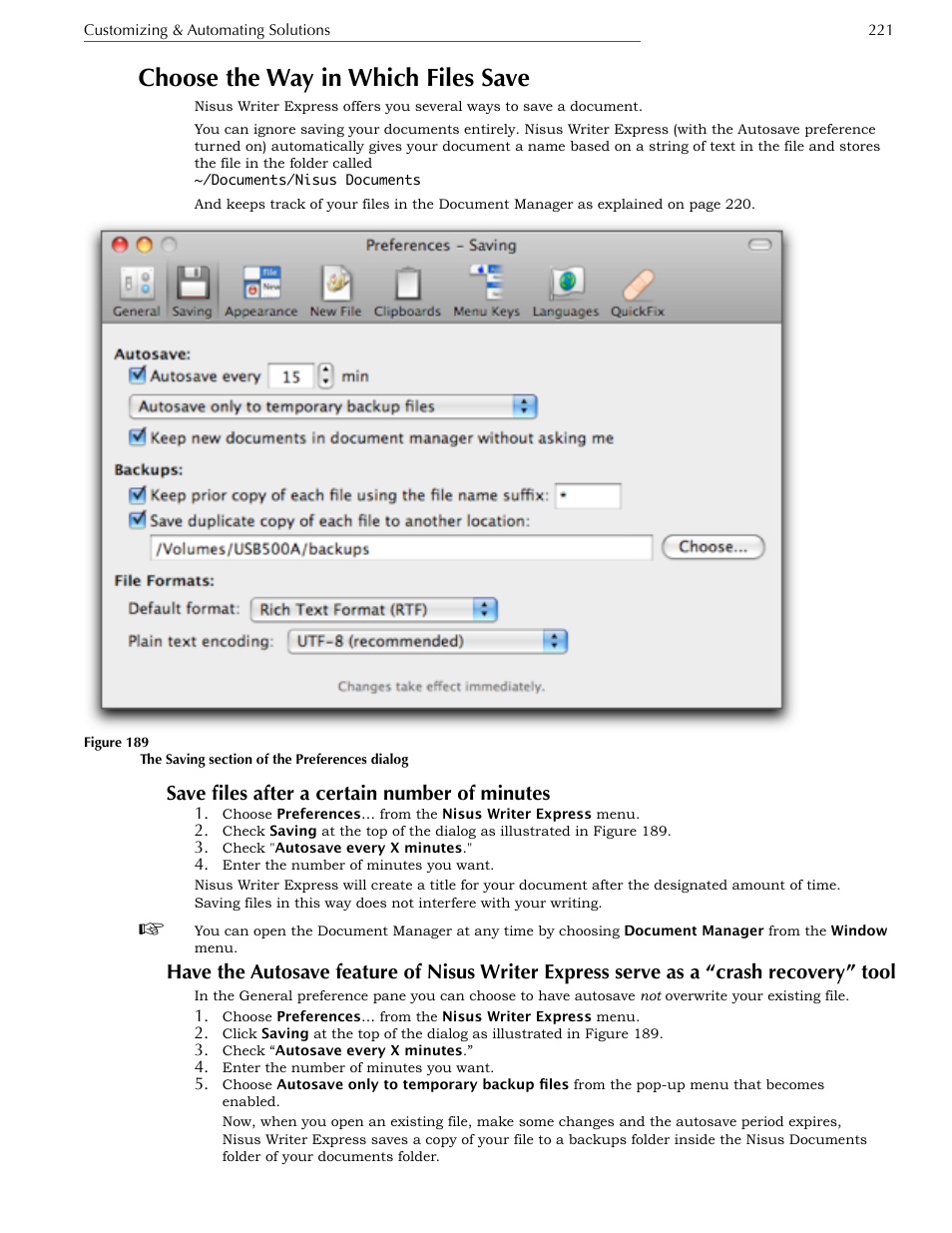 Choose the way in which files save, Save files after a certain number of minutes | Nisus Writer Express User Manual | Page 241 / 316