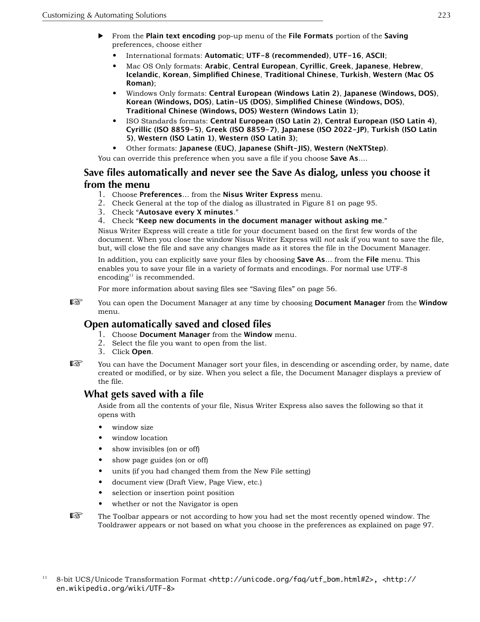 Open automatically saved and closed files, What gets saved with a file | Nisus Writer Express User Manual | Page 243 / 316