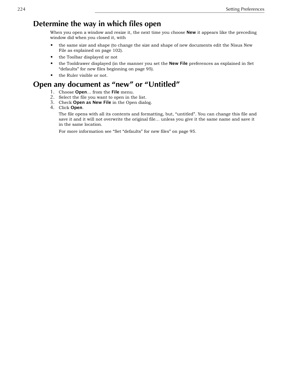 Determine the way in which files open, Open any document as “new” or “untitled, Choose various display options for your documents | Nisus Writer Express User Manual | Page 244 / 316