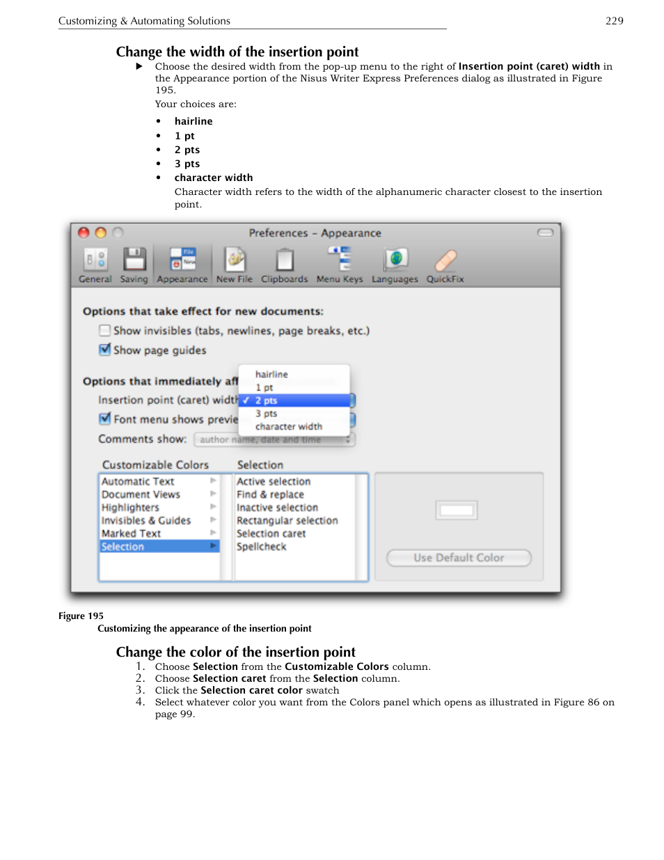 Change the color of the insertion point, Wysiwyg font menu, Change the width of the insertion point | Nisus Writer Express User Manual | Page 249 / 316