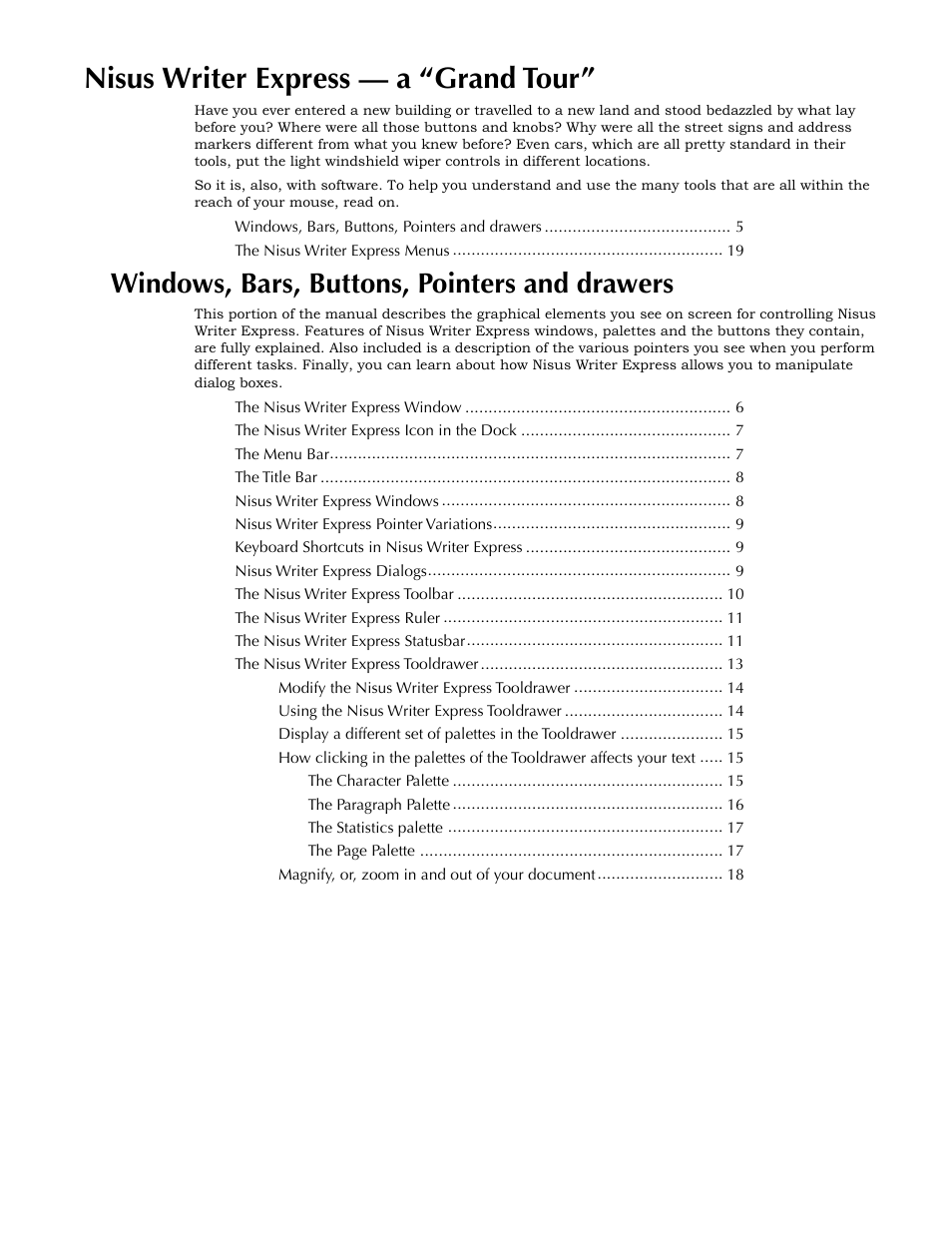 Nisus writer express — a “grand tour, Windows, bars, buttons, pointers and drawers | Nisus Writer Express User Manual | Page 25 / 316