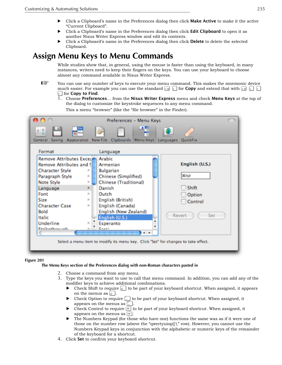 Assign menu keys to menu commands, Remove an existing keyboard shortcut | Nisus Writer Express User Manual | Page 255 / 316