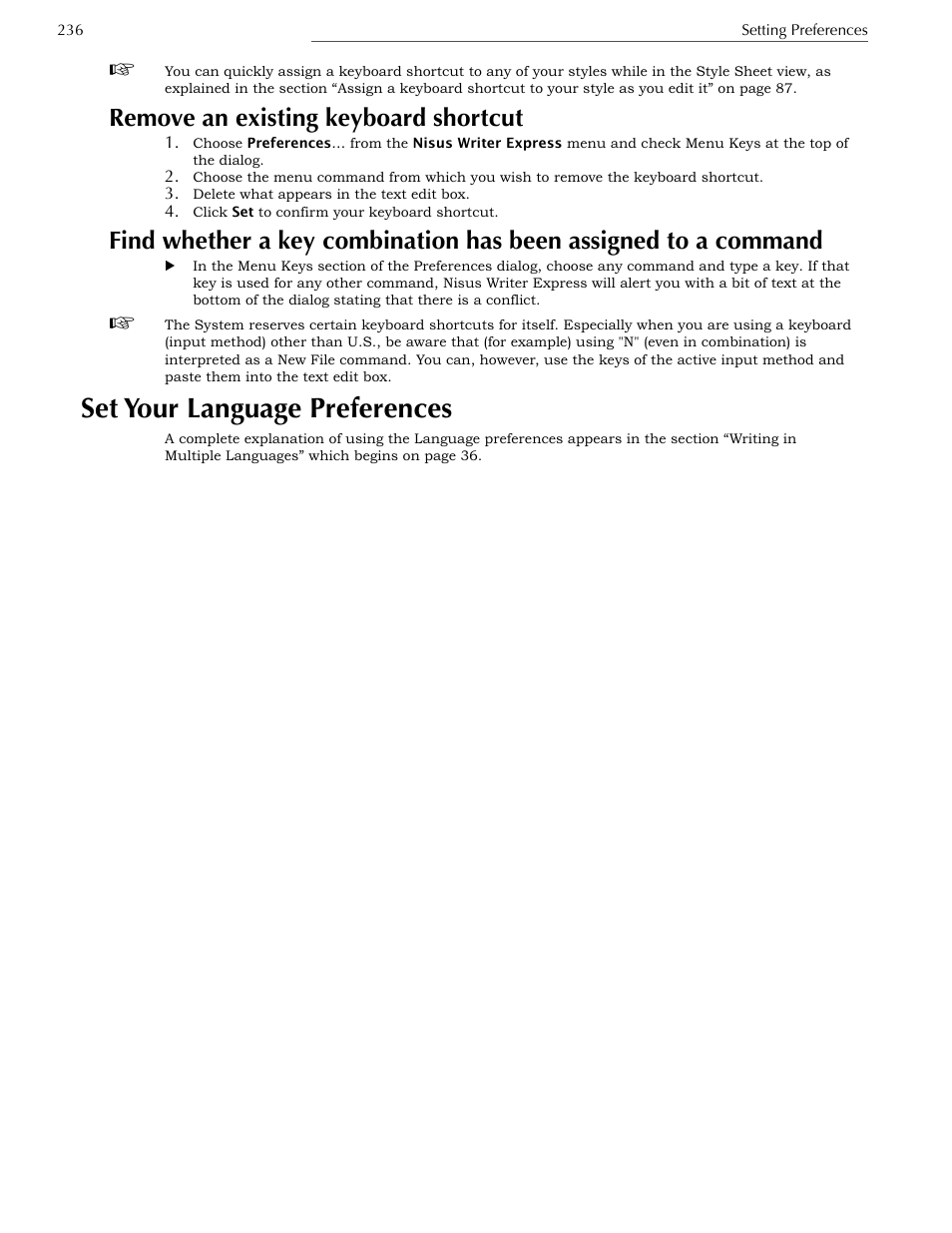 Set your language preferences, Remove an existing keyboard shortcut | Nisus Writer Express User Manual | Page 256 / 316