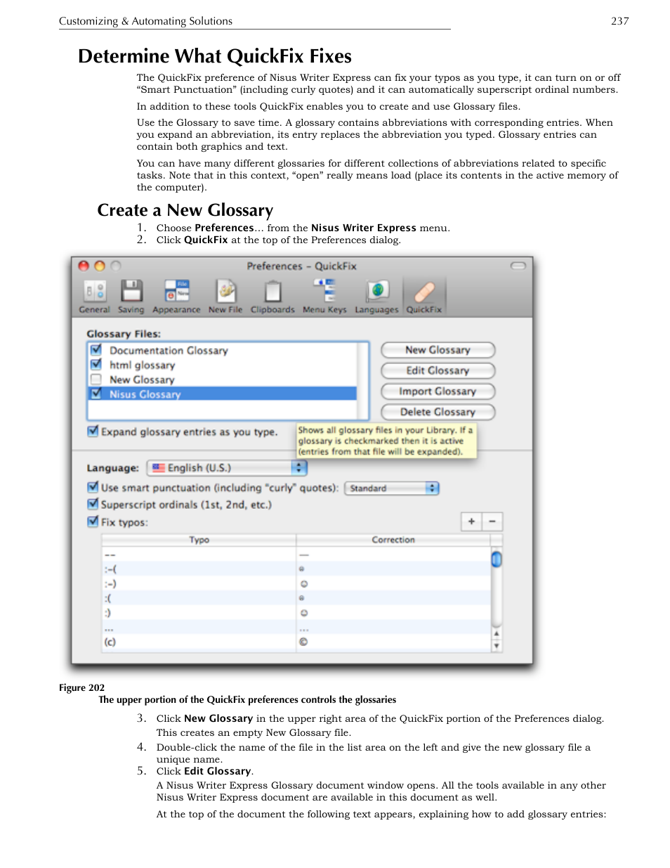 Determine what quickfix fixes, Create a new glossary | Nisus Writer Express User Manual | Page 257 / 316