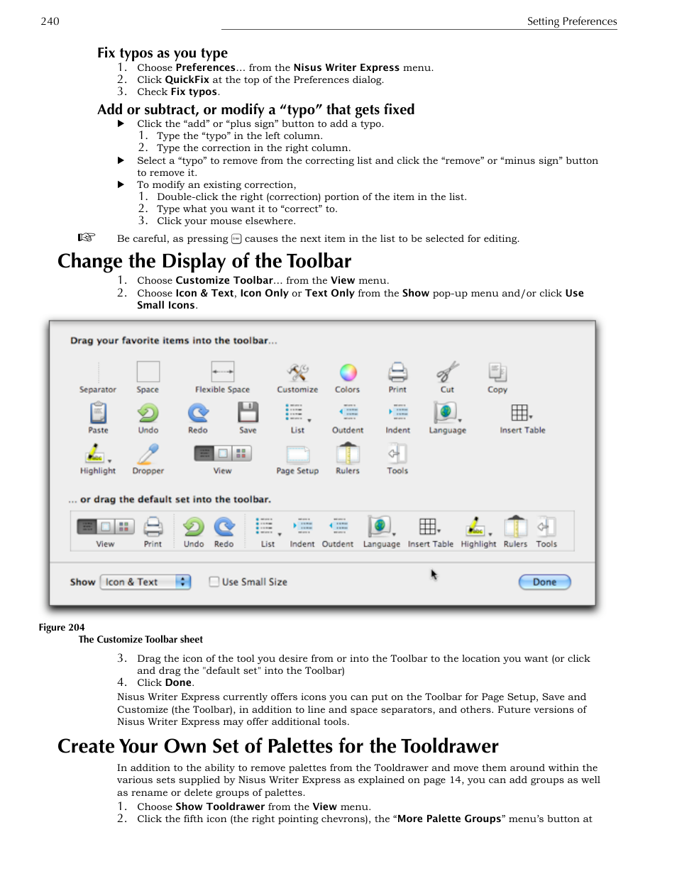 Fix typos as you type, Change the display of the toolbar, Create your own set of palettes for the tooldrawer | Nisus Writer Express User Manual | Page 260 / 316