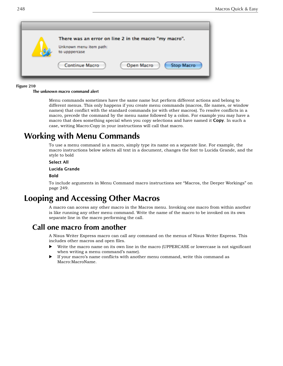Working with menu commands, Looping and accessing other macros, Call one macro from another | Nisus Writer Express User Manual | Page 268 / 316
