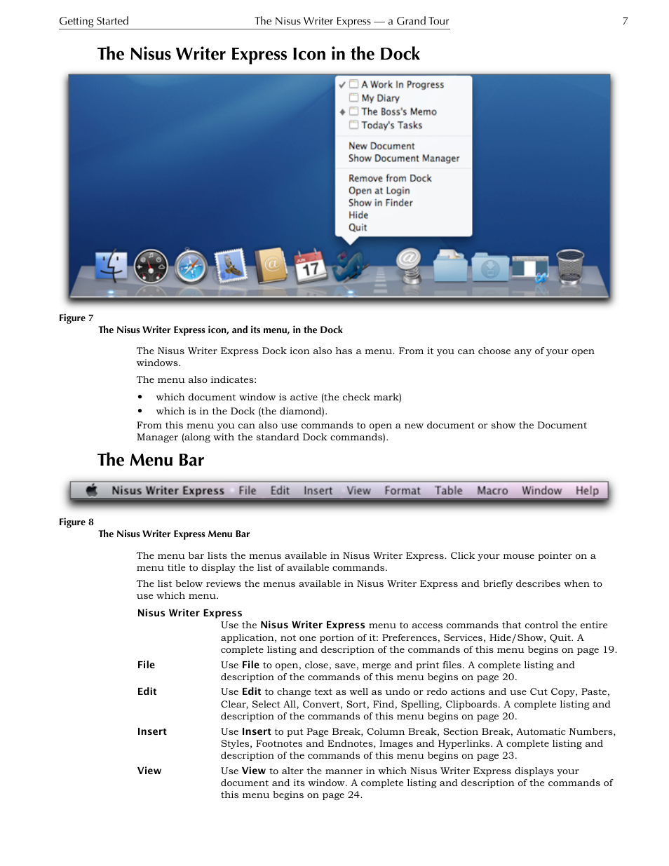 The nisus writer express icon in the dock, The menu bar | Nisus Writer Express User Manual | Page 27 / 316