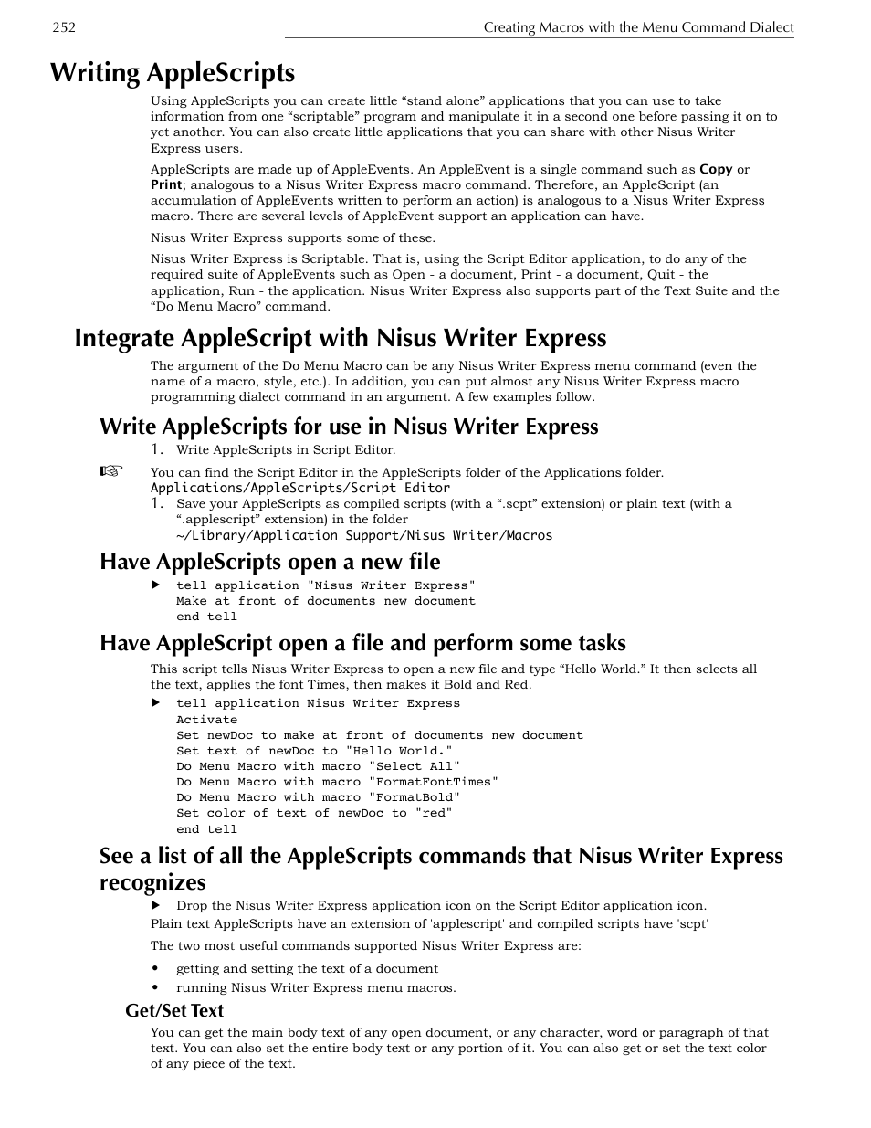 Writing applescripts, Integrate applescript with nisus writer express, Write applescripts for use in nisus writer express | Have applescripts open a new file, Get/set text, Examples | Nisus Writer Express User Manual | Page 272 / 316