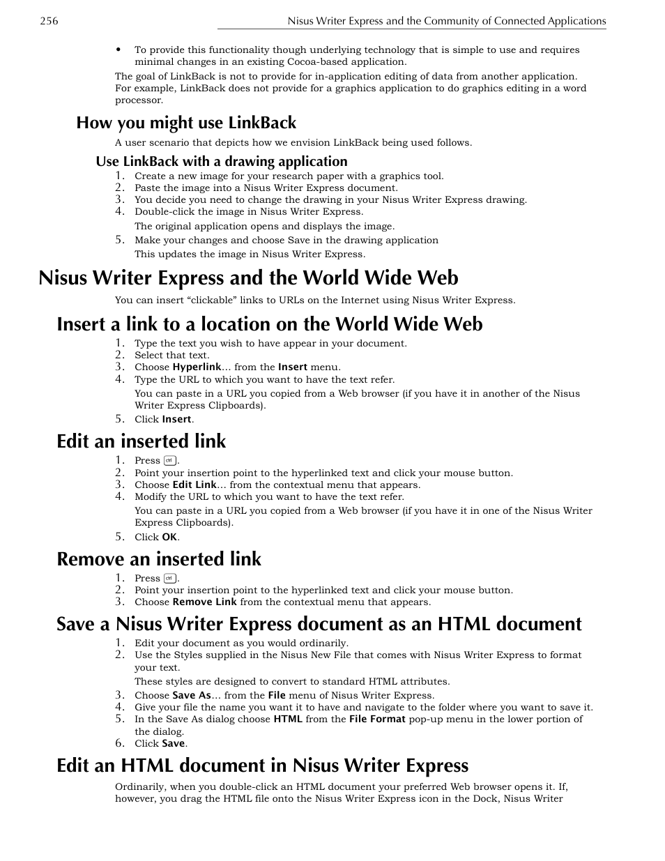 Nisus writer express and the world wide web, Insert a link to a location on the world wide web, Edit an inserted link | Remove an inserted link, Edit an html document in nisus writer express, How you might use linkback | Nisus Writer Express User Manual | Page 276 / 316