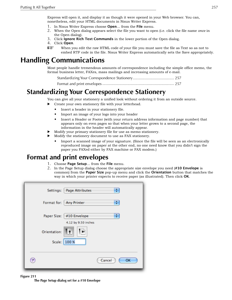 Handling communications, Standardizing your correspondence stationery, Format and print envelopes | Nisus Writer Express User Manual | Page 277 / 316