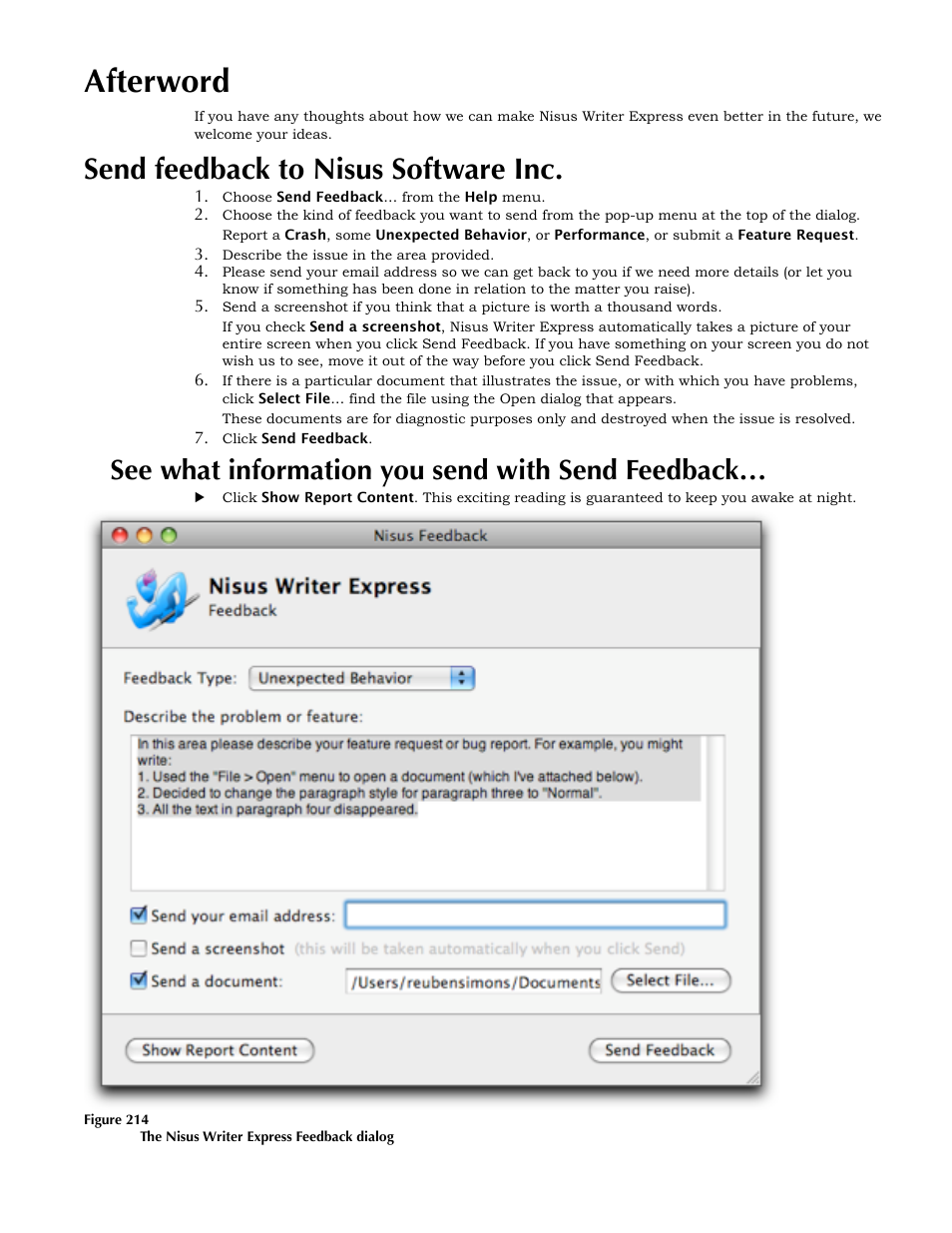 Afterword, Send feedback to nisus software inc, See what information you send with send feedback | Nisus Writer Express User Manual | Page 279 / 316