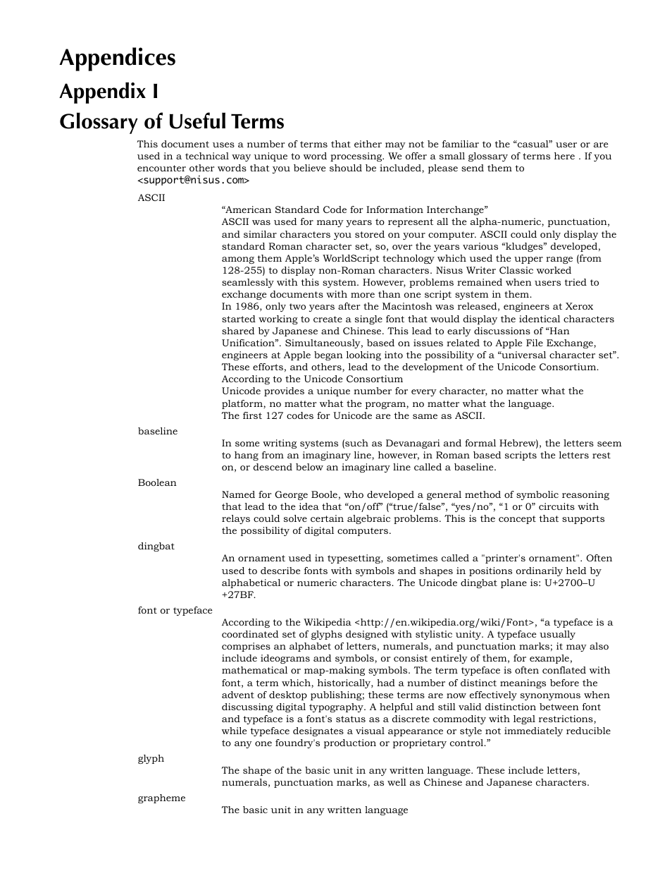 Appendices, Appendix i, Glossary of useful terms | Appendix i glossary of useful terms | Nisus Writer Express User Manual | Page 281 / 316