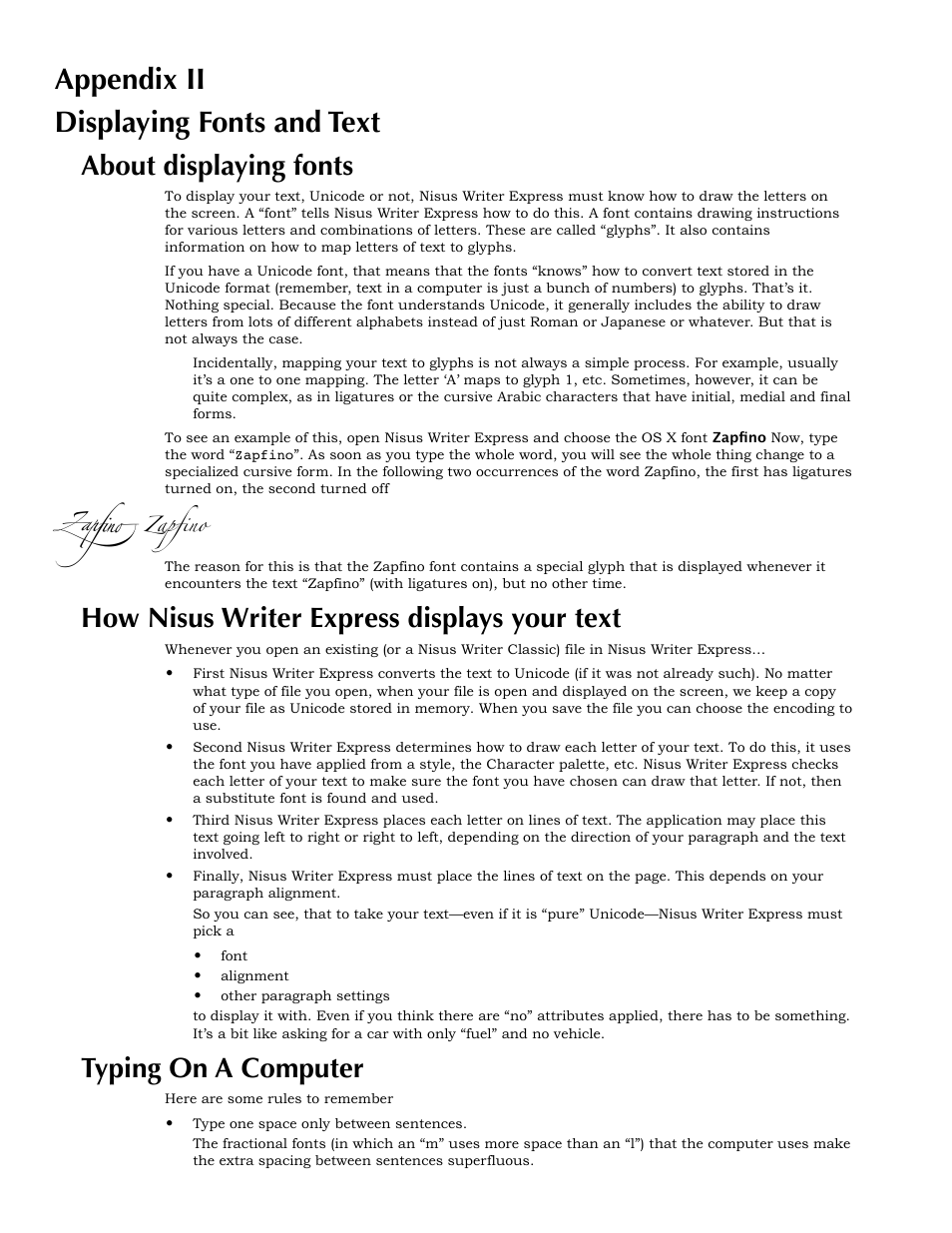 Appendix ii, Displaying fonts and text, About displaying fonts | How nisus writer express displays your text, Typing on a computer, Appendix ii displaying fonts and text | Nisus Writer Express User Manual | Page 284 / 316
