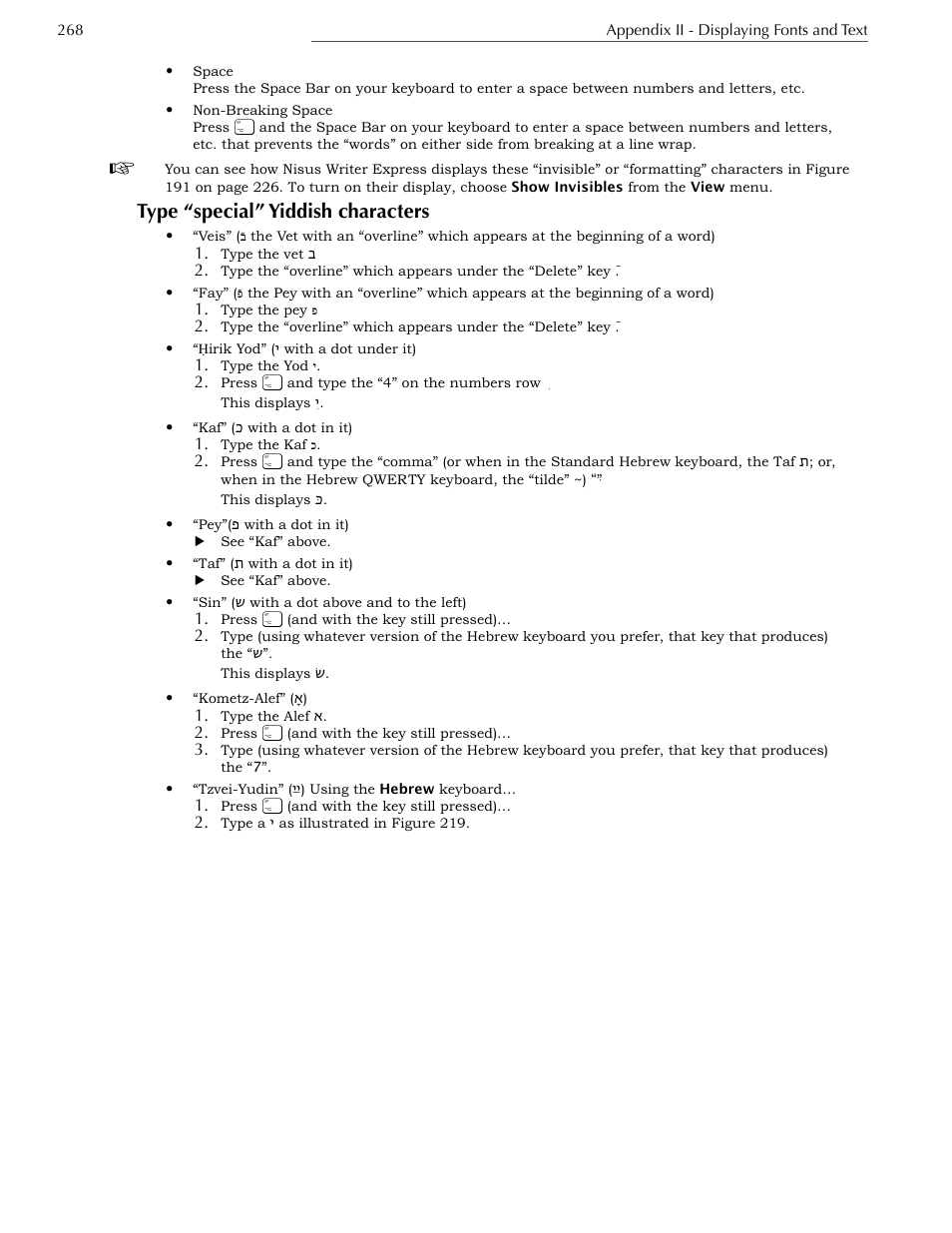 Type “special” yiddish characters | Nisus Writer Express User Manual | Page 288 / 316
