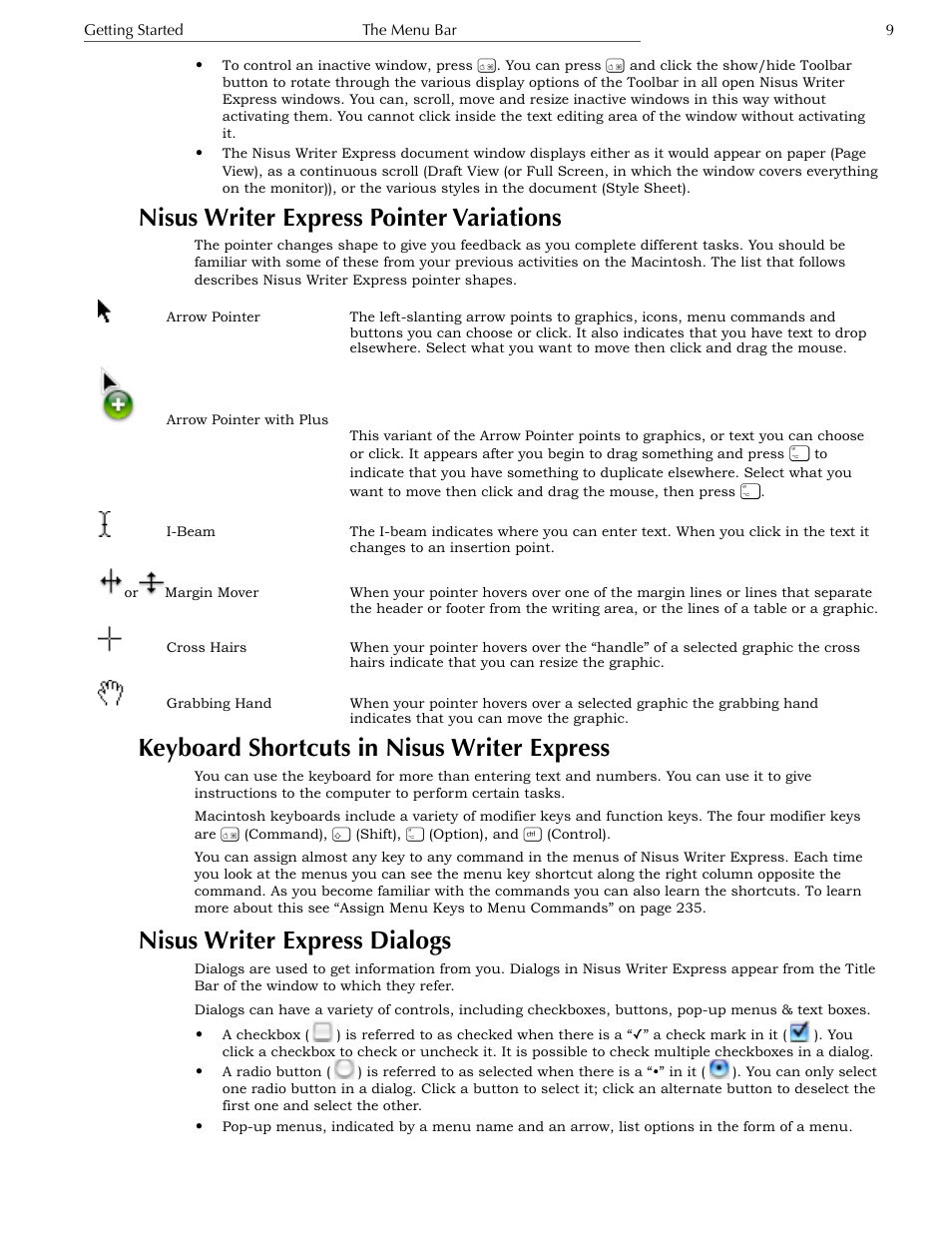 Nisus writer express pointer variations, Keyboard shortcuts in nisus writer express, Nisus writer express dialogs | Nisus Writer Express User Manual | Page 29 / 316