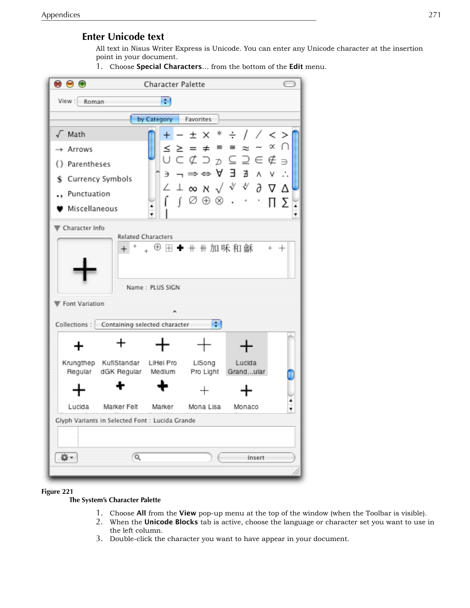 Enter unicode text | Nisus Writer Express User Manual | Page 291 / 316