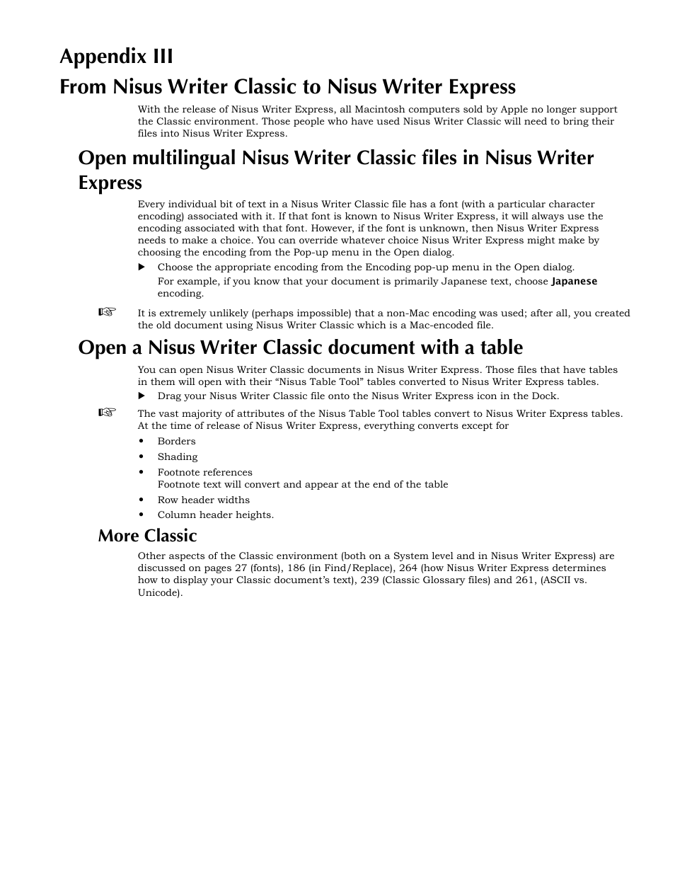 Appendix iii, From nisus writer classic to nisus writer express, Open a nisus writer classic document with a table | More classic | Nisus Writer Express User Manual | Page 293 / 316
