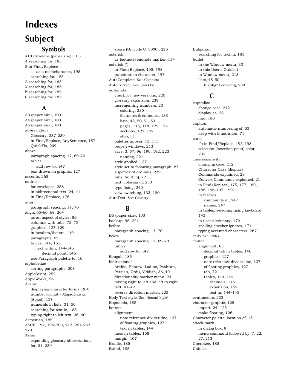 Indexes, Subject, Symbols | Nisus Writer Express User Manual | Page 295 / 316