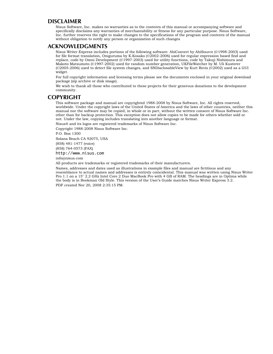 Disclaimer, Acknowledgments, Copyright | Nisus Writer Express User Manual | Page 3 / 316