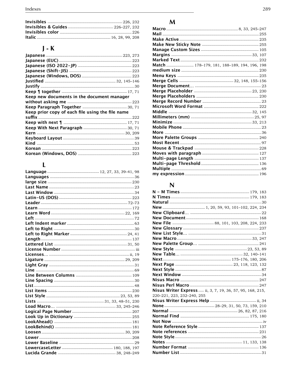 J - k | Nisus Writer Express User Manual | Page 309 / 316