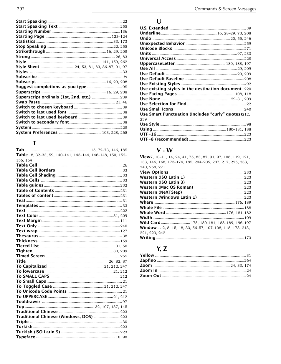 Index of figures and tables, V - w, Y, z | Nisus Writer Express User Manual | Page 312 / 316