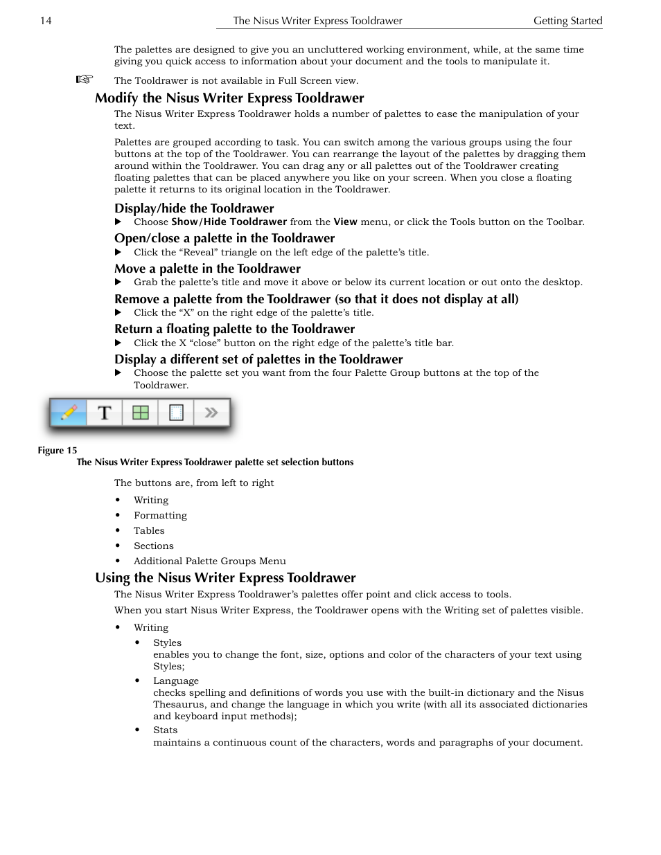 Modify the nisus writer express tooldrawer, Display/hide the tooldrawer, Open/close a palette in the tooldrawer | Move a palette in the tooldrawer, Return a floating palette to the tooldrawer, Using the nisus writer express tooldrawer | Nisus Writer Express User Manual | Page 34 / 316
