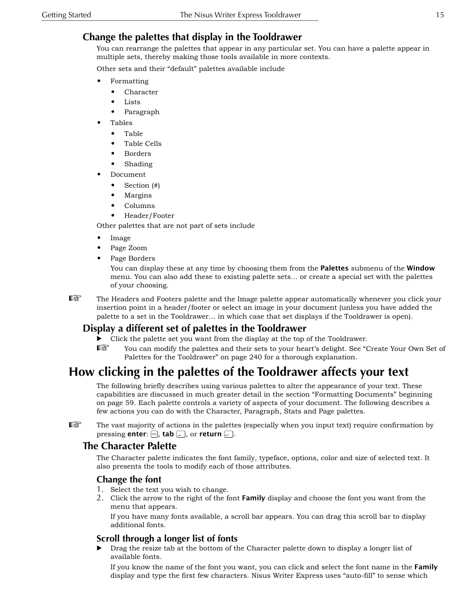 Change the palettes that display in the tooldrawer, The character palette, Change the font | Scroll through a longer list of fonts, Change the typeface or color | Nisus Writer Express User Manual | Page 35 / 316