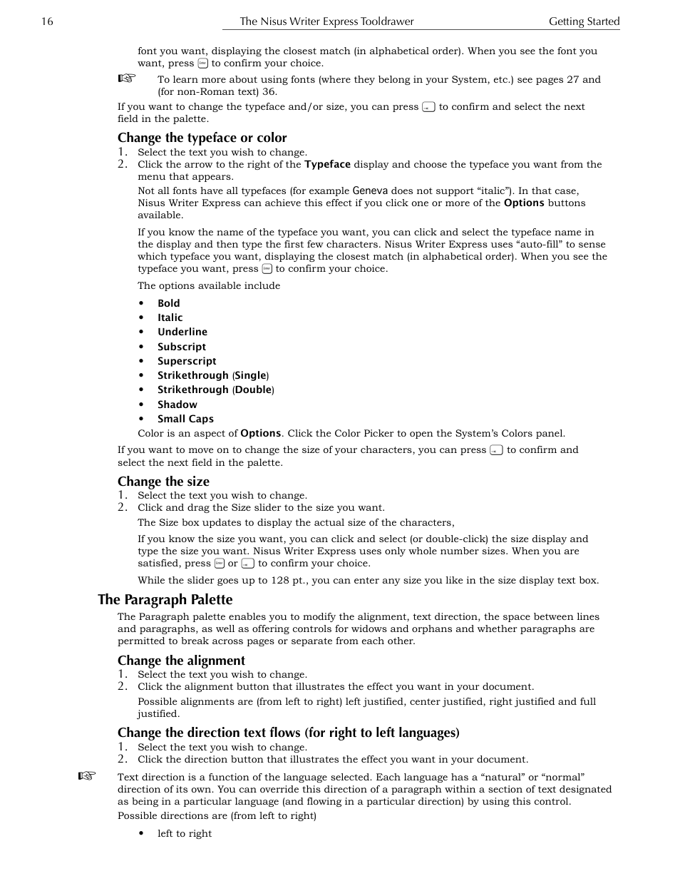 Change the size, The paragraph palette, Change the alignment | Change the space between lines of text (“leading”) | Nisus Writer Express User Manual | Page 36 / 316