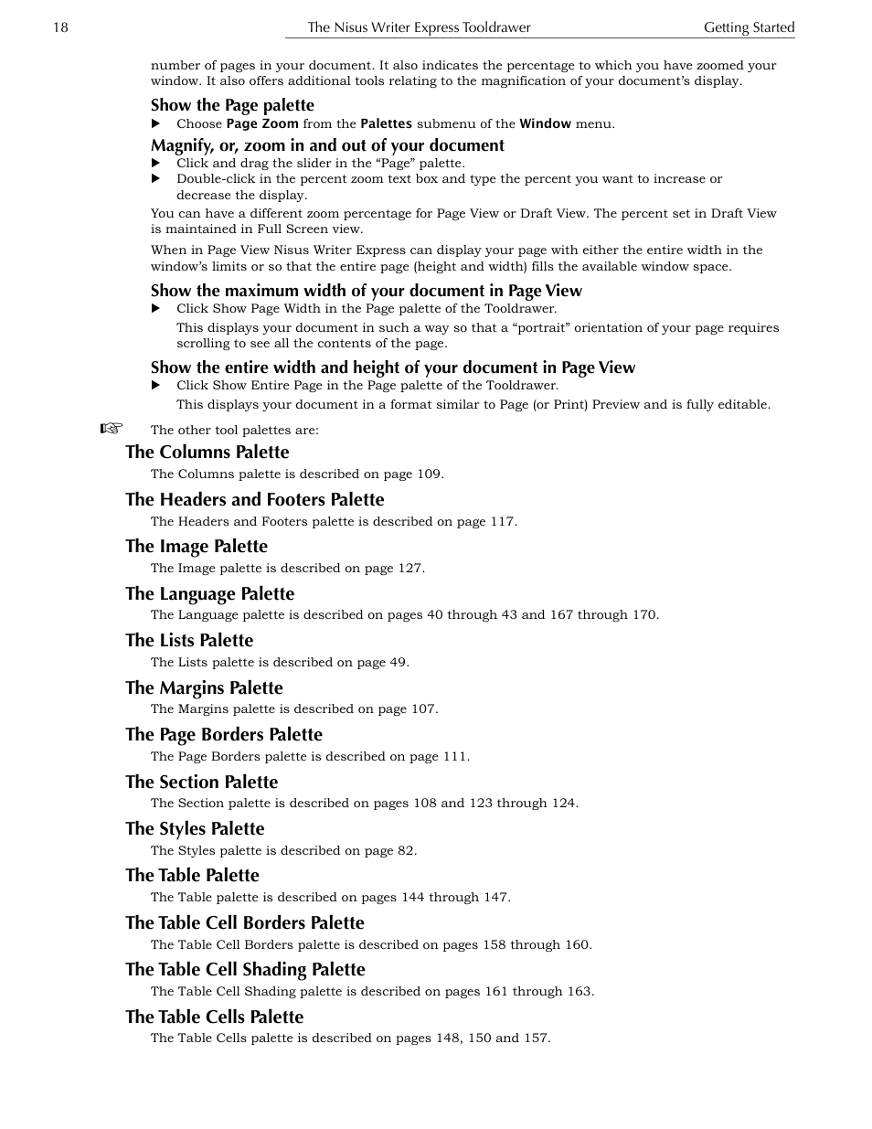 Magnify, or, zoom in and out of your document, The columns palette, The headers and footers palette | The image palette, The language palette, The lists palette, The margins palette, The section palette, The styles palette, The table palette | Nisus Writer Express User Manual | Page 38 / 316