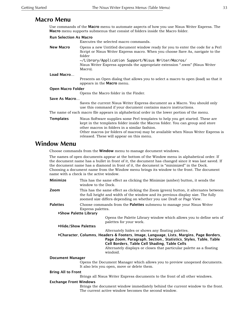 Macro menu, Window menu | Nisus Writer Express User Manual | Page 53 / 316