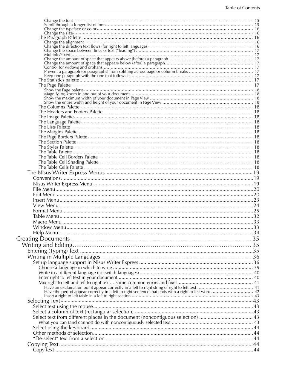 Creating documents 35 writing and editing 35 | Nisus Writer Express User Manual | Page 6 / 316