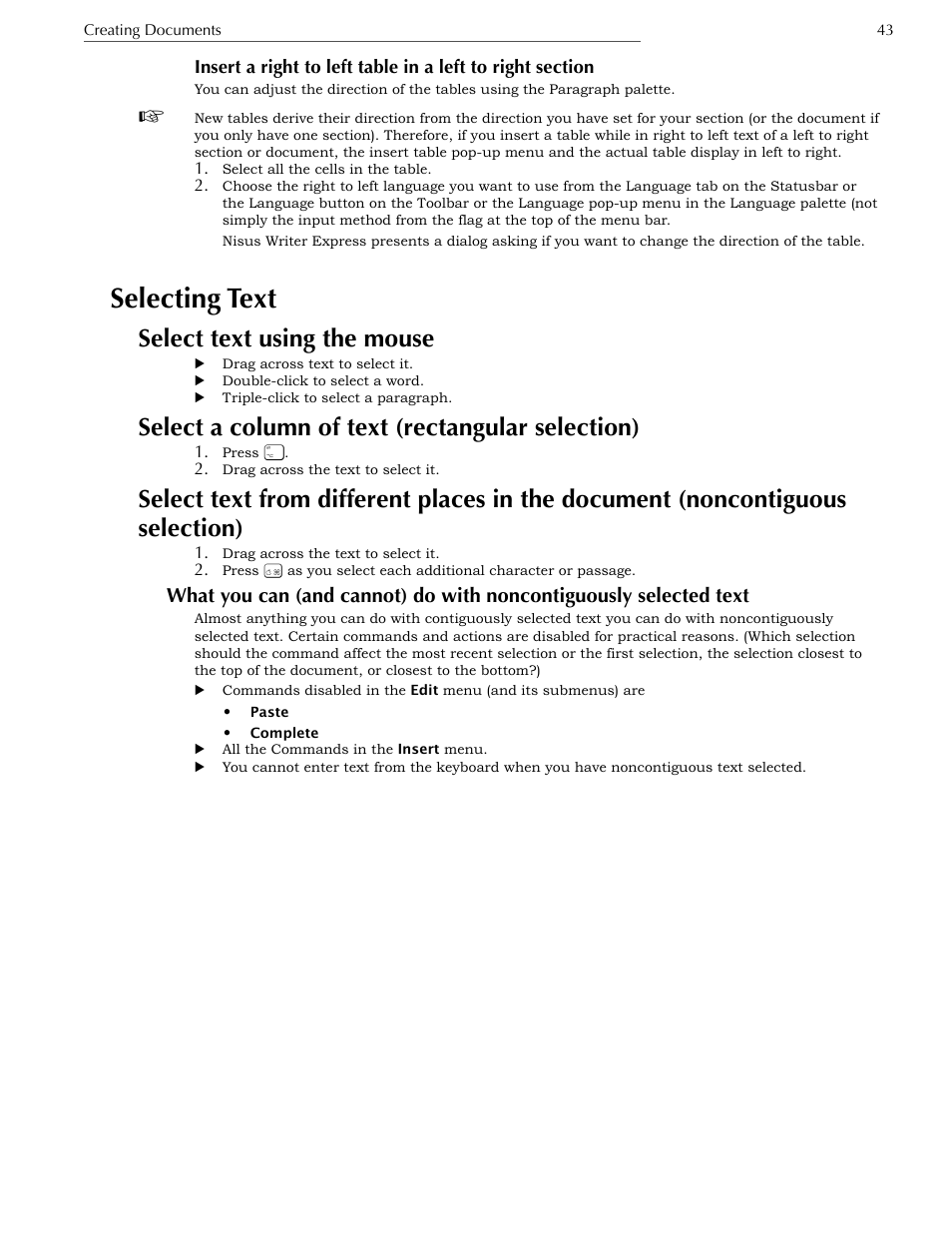 Selecting text, Select text using the mouse, Select a column of text (rectangular selection) | Nisus Writer Express User Manual | Page 63 / 316