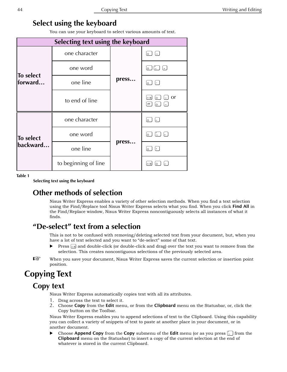 Select using the keyboard, Other methods of selection, De-select” text from a selection | Copying text, Copy text, Selecting text using the keyboard | Nisus Writer Express User Manual | Page 64 / 316