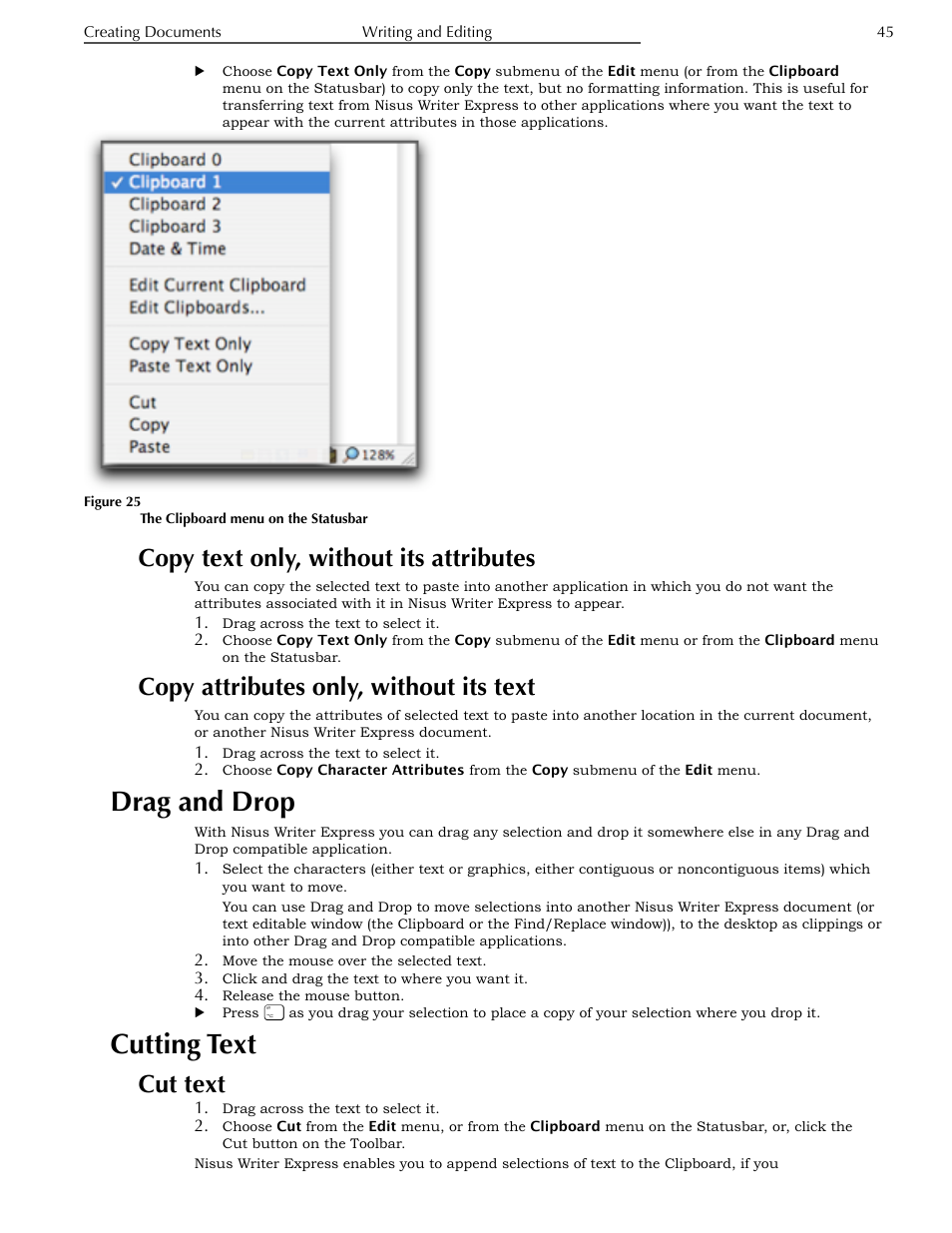 Copy text only, without its attributes, Copy attributes only, without its text, Drag and drop | Cutting text, Cut text | Nisus Writer Express User Manual | Page 65 / 316