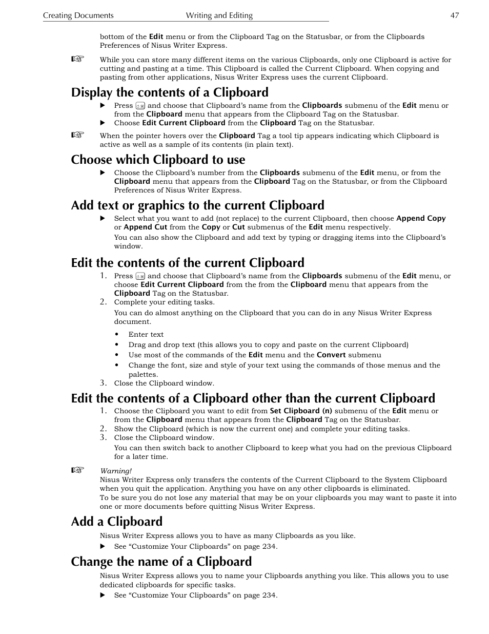 Display the contents of a clipboard, Choose which clipboard to use, Add text or graphics to the current clipboard | Edit the contents of the current clipboard, Add a clipboard, Change the name of a clipboard, Copying and pasting styled text | Nisus Writer Express User Manual | Page 67 / 316