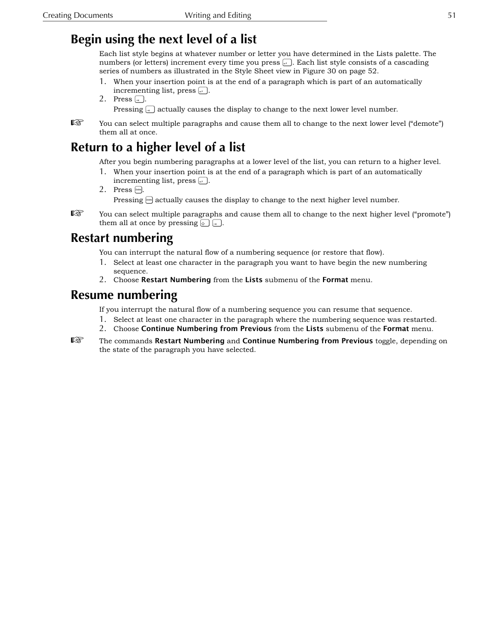 Begin using the next level of a list, Return to a higher level of a list, Restart numbering | Resume numbering | Nisus Writer Express User Manual | Page 71 / 316