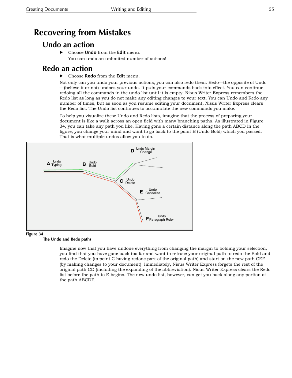 Recovering from mistakes, Undo an action, Redo an action | Saving files | Nisus Writer Express User Manual | Page 75 / 316