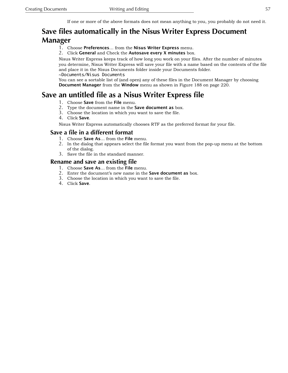 Save a file in a different format, Rename and save an existing file | Nisus Writer Express User Manual | Page 77 / 316