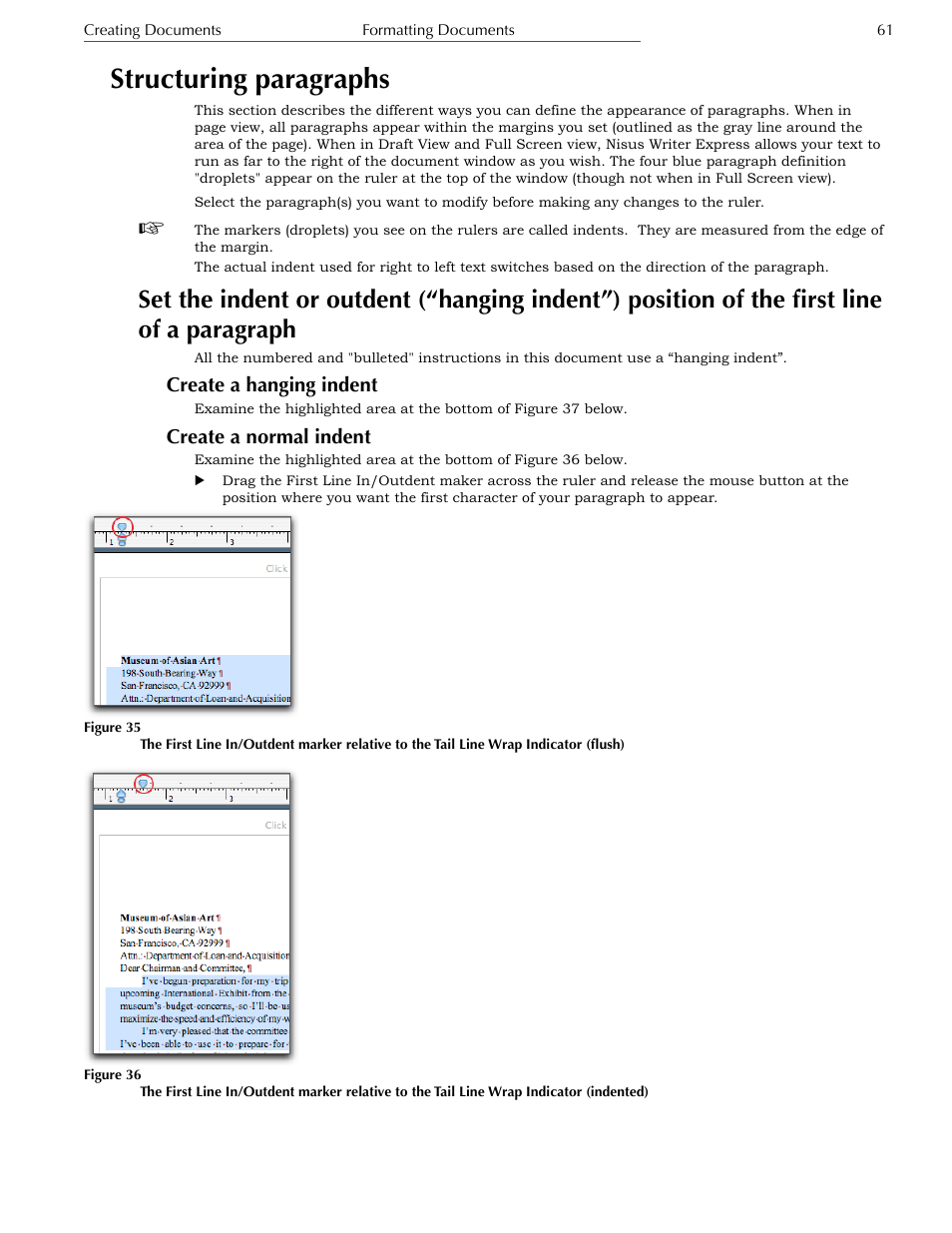 Structuring paragraphs, Create a hanging indent, Create a normal indent | Nisus Writer Express User Manual | Page 81 / 316